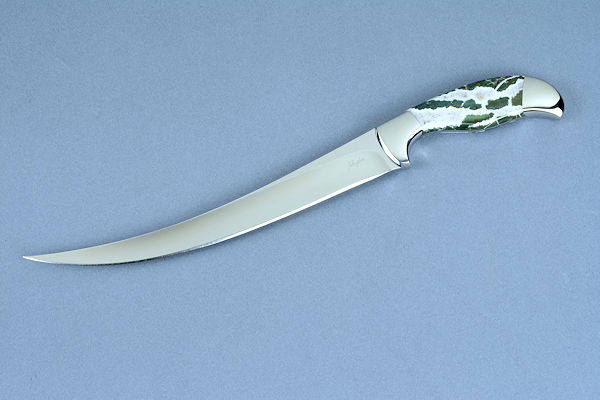 "Falcate" Chef's Knife, obverse side view in 440C high chromium martensitic stainless steel blade, 304 stainless steel bolsters, Green Zebra Bloodstone gemstone handle