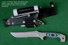 "Arctica" Tactical, Combat, Rescue knife, obverse side view in CPMS90V stainless steel blade, 304 stainless steel bolsters, Green, Black, Pistachio G-10 fiberglass/epoxy composite laminate handle, locking sheath in kydex, aluminum, stainless steel with ultimate belt loop extender and accessories