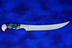 "Courbe" Professional Chef's Trimming, Boning knife, reverse side view in T3 cryogenically treated 440C high chromium stainless steel blade, 304 stainless steel bolsters, Night Leopard Agate gemstone handle