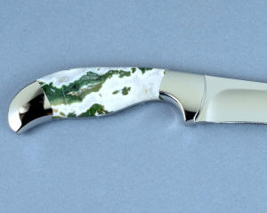 "Falcate" Chef's Knife, reverse side gemstone handle view  in 440C high chromium martensitic stainless steel blade, 304 stainless steel bolsters, Green Zebra Bloodstone gemstone handle