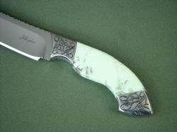 Izanami fine handmade knife, obverse side handle detail. Nickel Magnesite/Chrysoprase is stunning lime-yellow gemstone