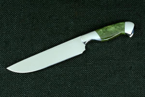 "Opere" Custom Knife, obverse side knife view in T4 cryogenically treated CPM 154CM powder metal stainless steel blade, 304 stainless steel bolsters, Nephrite Jade gemstone handle, hand-carved leather sheath inlaid with green rayskin