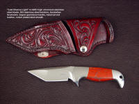 "Last Chance Light," obverse side view in 440C high chromium stainless steel blade, 304 stainless steel bolsters, Australian Snakeskin Jasper gemstone handle, hand-carved leather horizontal belt sheath