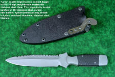 "Lynx" Custom tactical knife, obverse side view in T3 cryogenically treated ATS-34 high molybdenum martensitic stainless steel blade, 304 stainless steel bolsters, carbon fiber handle, hybrid tension tab-wedge sheath in kydex, anodized aluminum, anodized titanium, blackened stainless steel