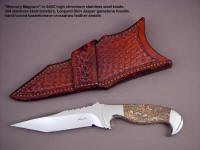 "Mercury Magnum" obverse side view: 440C stainless steel blade, 304 stainless steel bolsters, Red Leopard Skin Jasper gemstone handle, basket weave crossdraw leather sheath