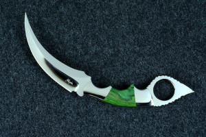 "Raptor" fine handmade custom karambit knife, obverse side view in T3 deep cryogenically treated ATS-34 high molybdenum martensitic stainless steel blade, 304 stainless steel bolsters, Budstone (Verdite) gemstone  handle, leather sheath inlaid with green rayskin