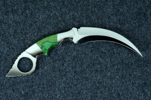 "Raptor" fine handmade custom karambit knife, obverse side view in T3 deep cryogenically treated ATS-34 high molybdenum martensitic stainless steel blade, 304 stainless steel bolsters, Budstone (Verdite) gemstone  handle, leather sheath inlaid with green rayskin