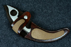 "Raptor" fine handmade custom karambit, sheathed view in tan rayskin inlaid in 9-10 oz. leather shoulder, stainless steel snap and heavy nylon stitching